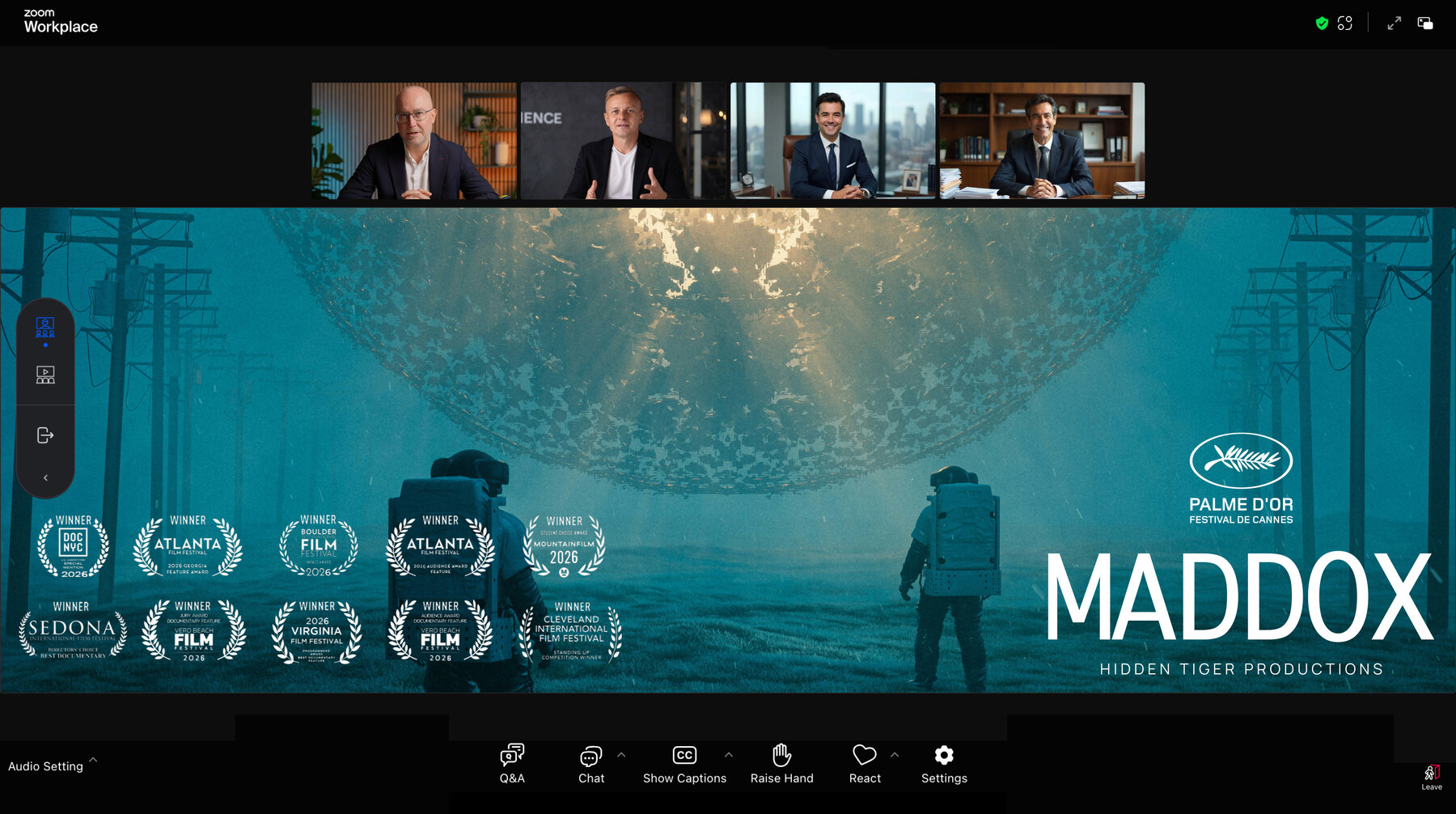 An RSVP Screening in progress: the film playing in the dedicated player with the panel alongside.